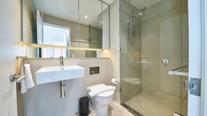 Douche, séchoir à cheveux, serviettes fournies