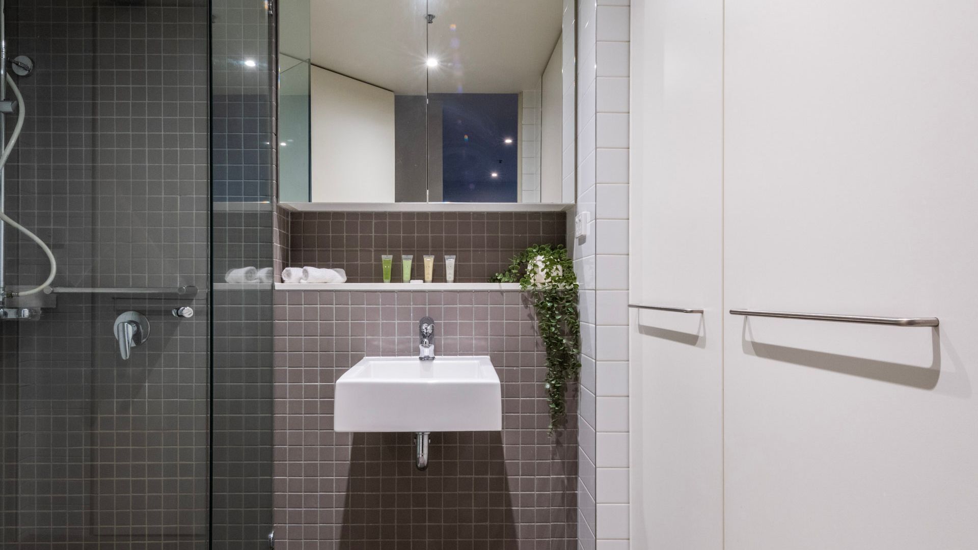 Une salle de bain moderne avec une douche à parois de verre, un lavabo blanc et un miroir au-dessus.