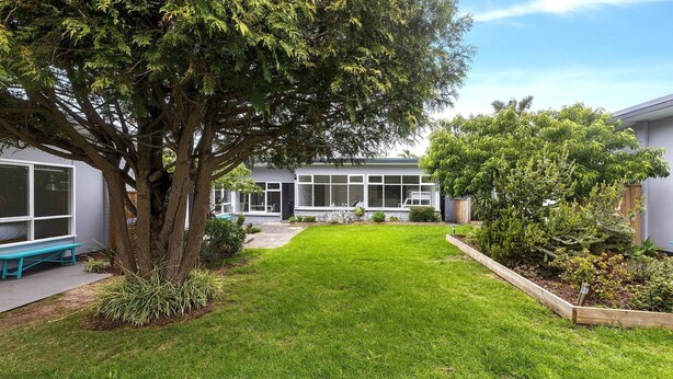 A modern building with a well-maintained lawn and a large tree in the foreground.