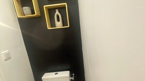 Een badkamer met een wit toilet, een zwarte muur en drie houten planken met een plant, een fles en een bak.