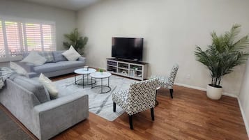 Smart TV, foosball, books, stereo