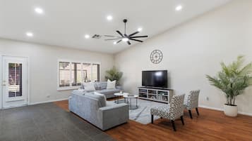 Smart TV, foosball, books, stereo