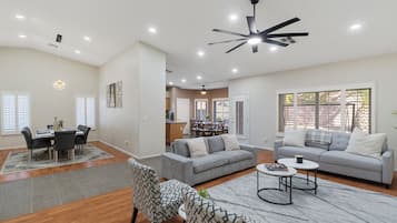 Smart TV, foosball, books, stereo