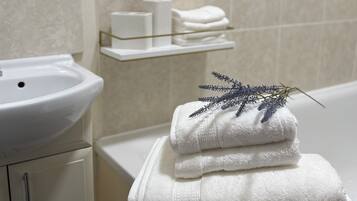 Hair dryer, towels, soap, toilet paper