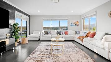 Smart TV, fireplace, books, offices