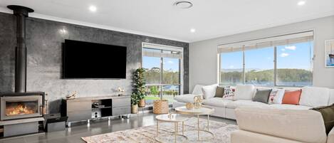 Smart TV, fireplace, books, offices