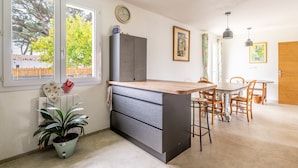Une cuisine dotée d’un îlot central, d’un coin repas avec des chaises en bois, d’un radiateur et d’une plante en pot.