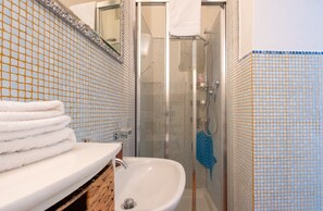 Shower, hair dryer, towels
