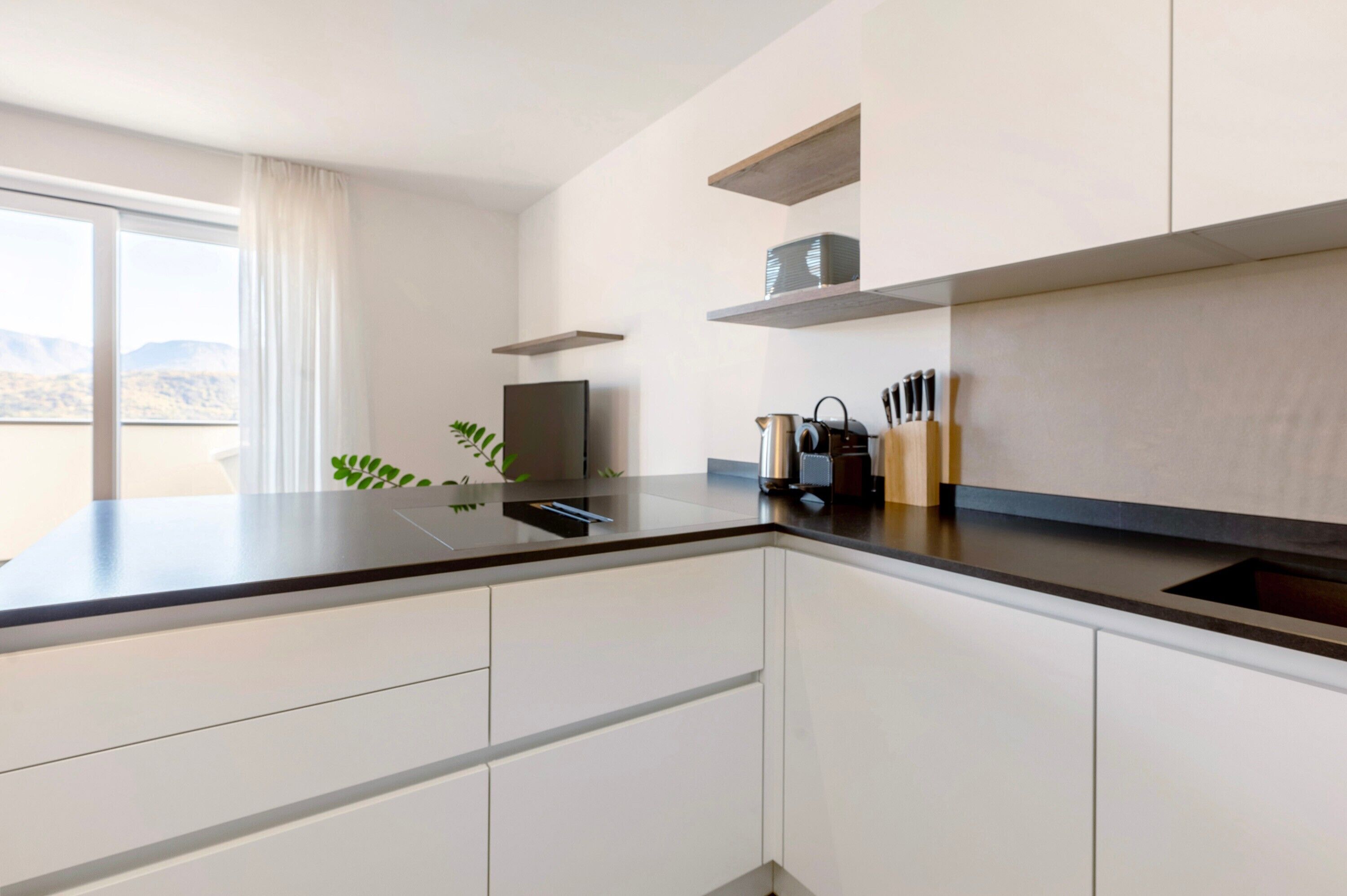 Fridge, stovetop, dishwasher, coffee/tea maker