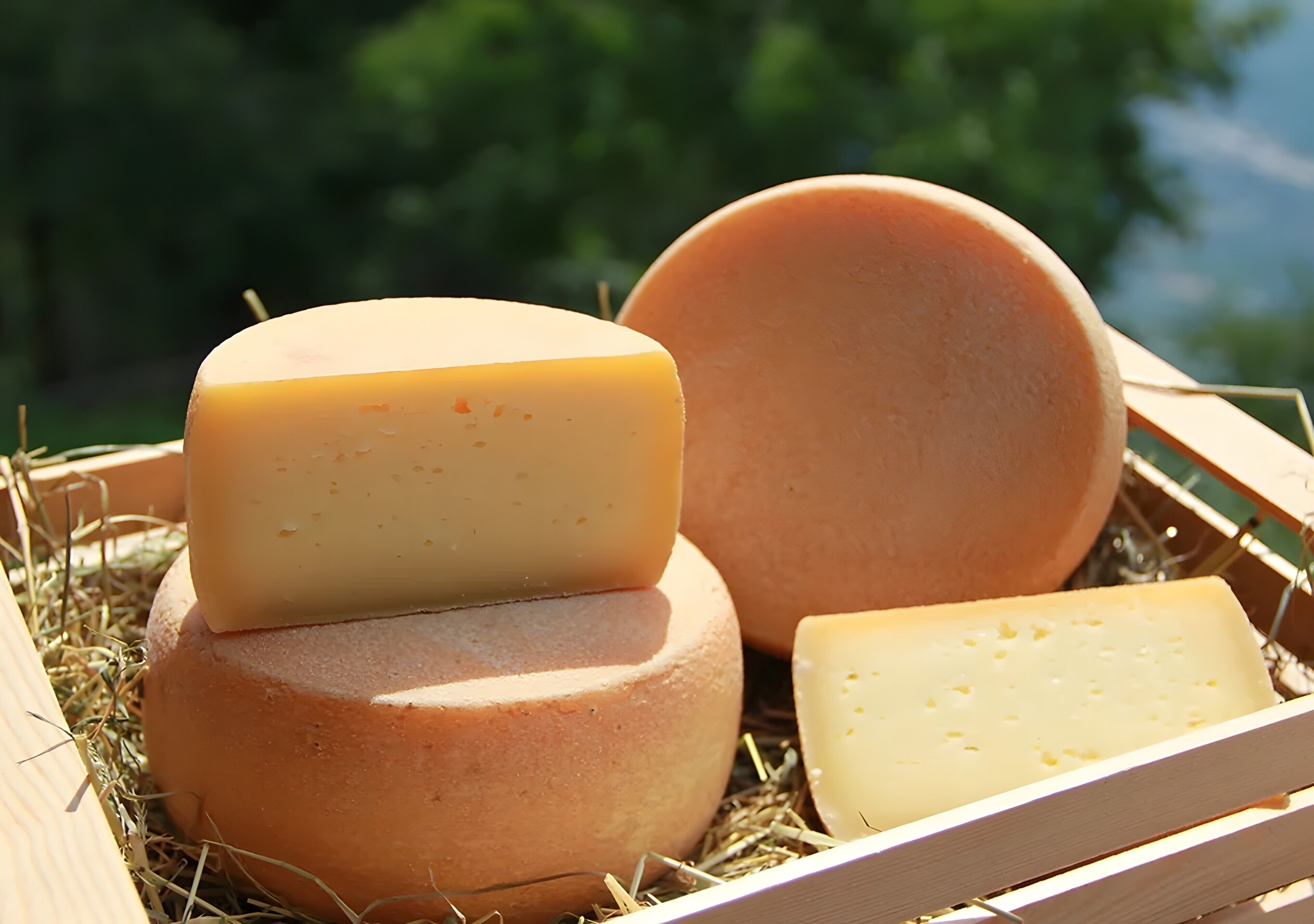 Three cheeses in a wooden crate with hay.