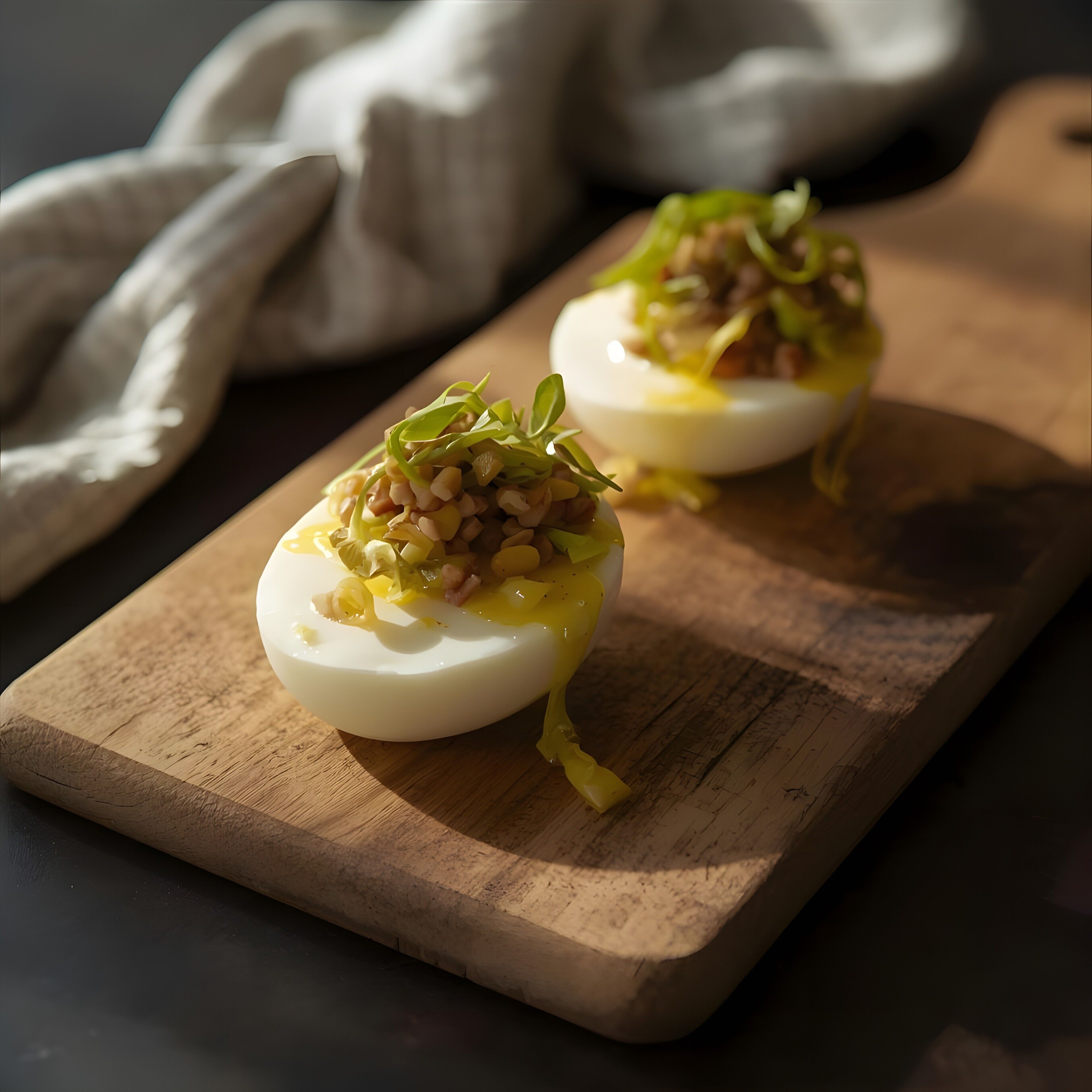 Two deviled eggs on a wooden board with a cloth napkin in the background.