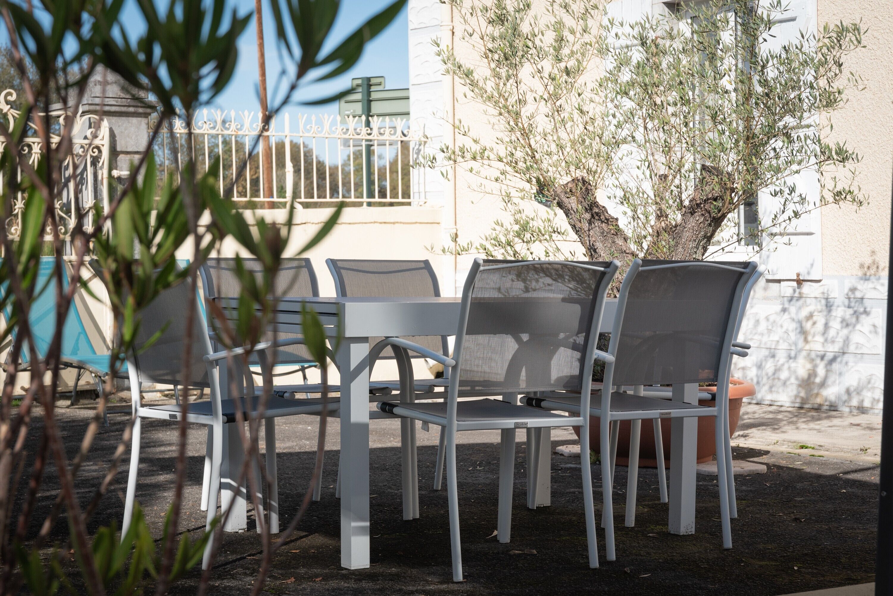 Une terrasse avec une table et des chaises, un arbre et un bâtiment en arrière-plan.