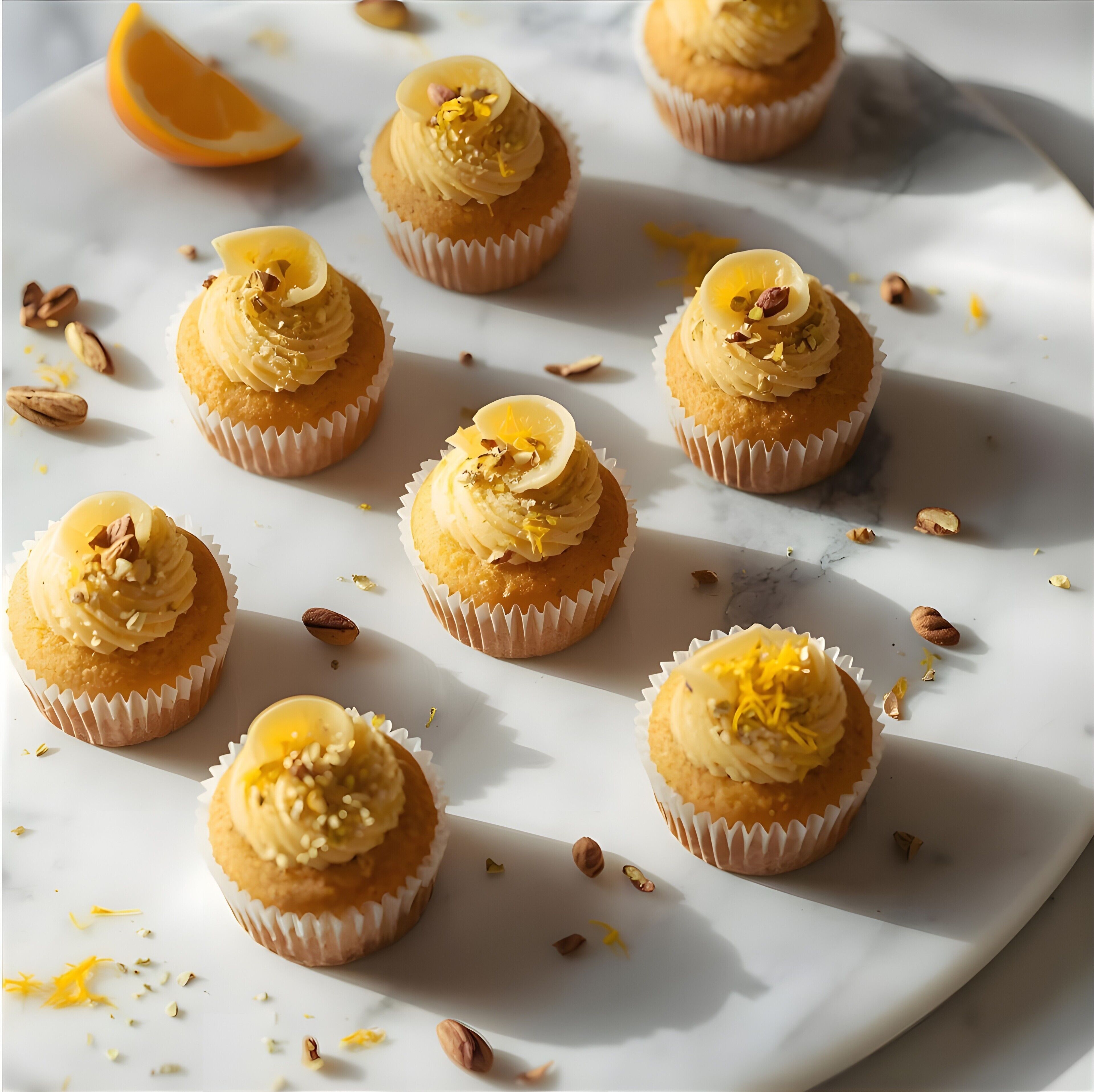A white marble table with six cupcakes, each topped with a yellow frosting and nuts, and an orange slice on the side.