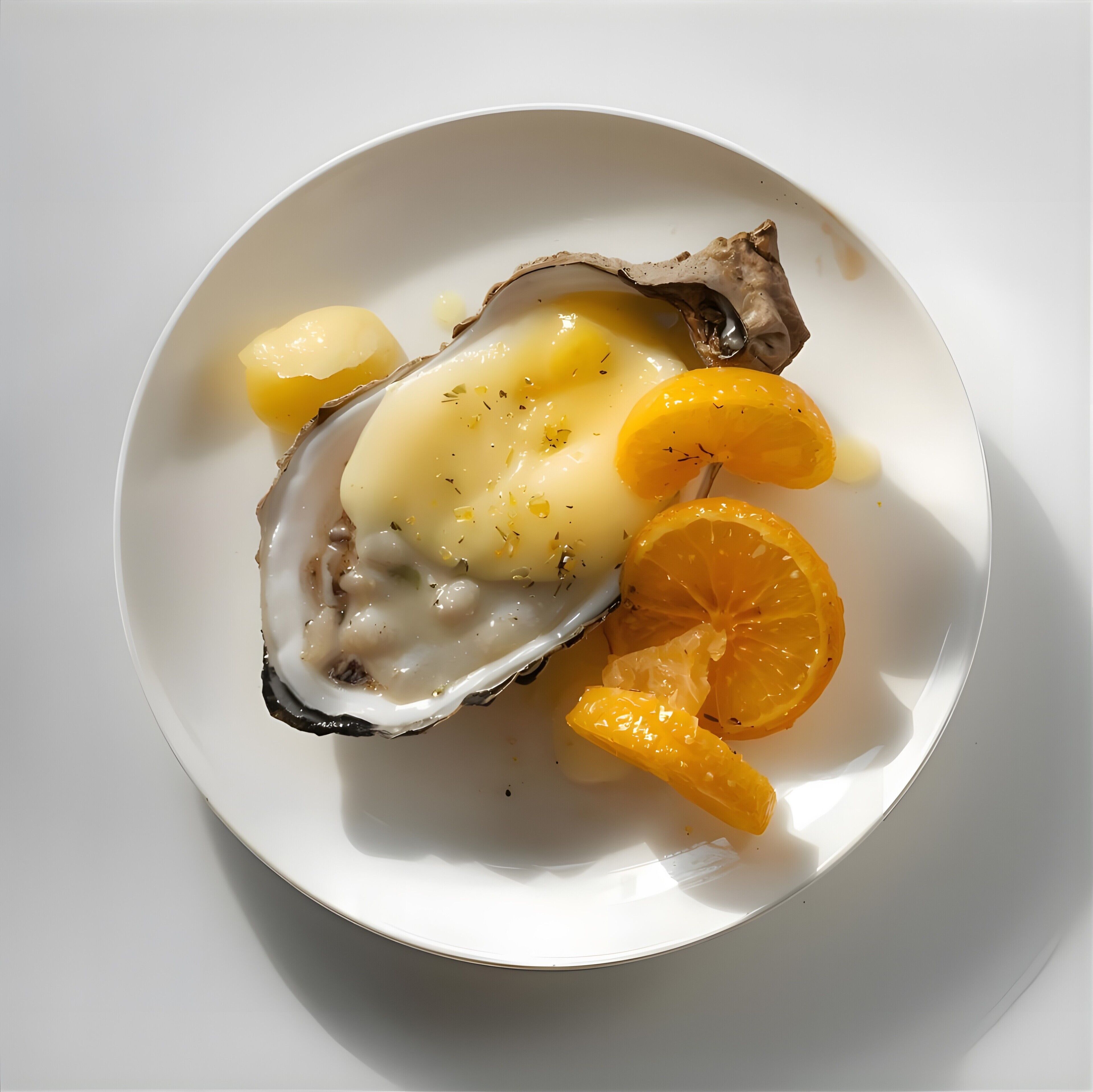 En tallerken med et østers, et skivede citron og et skivede appelsin.