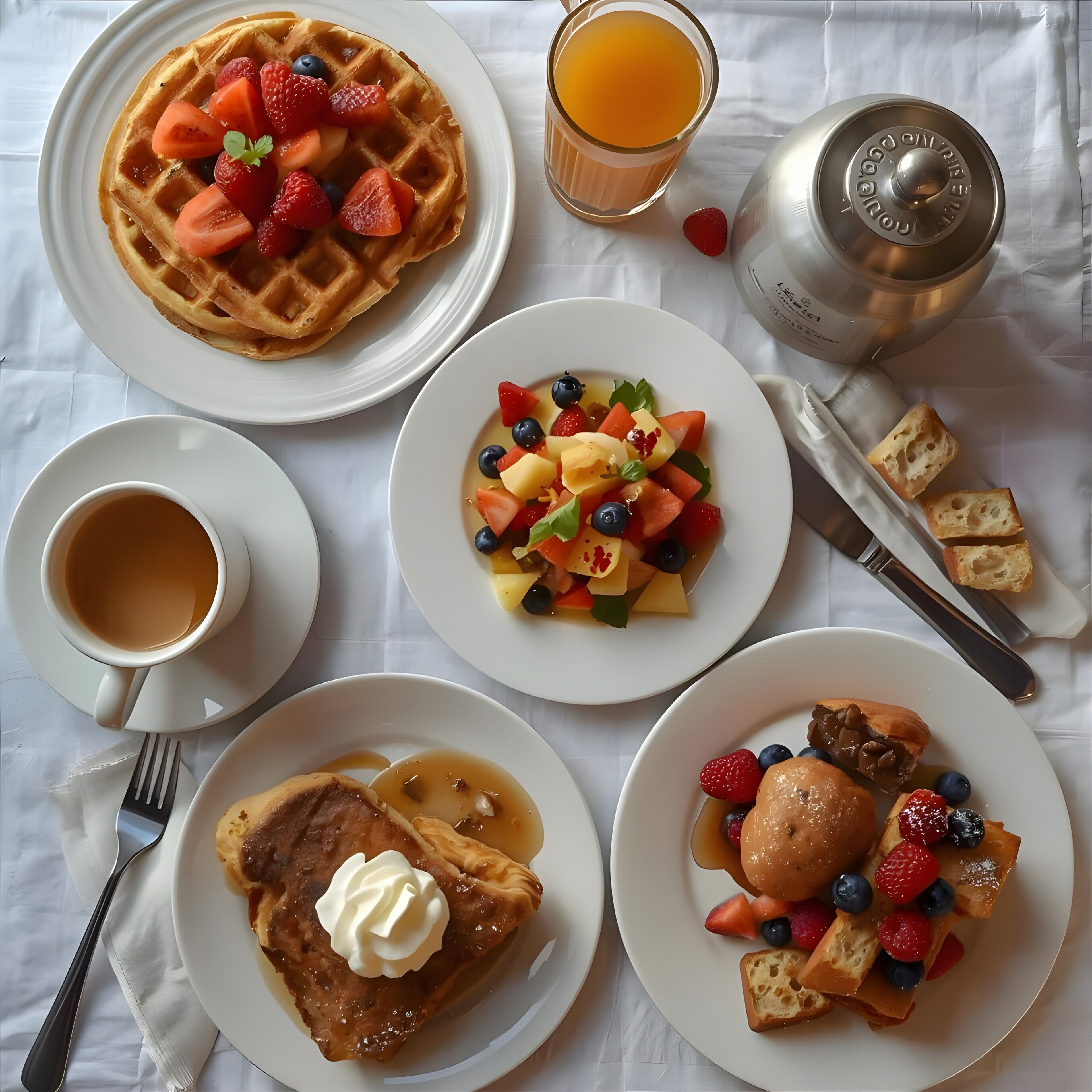 Ein Frühstückstisch mit Waffeln, Obstsalat, Pfannkuchen mit Sirup und einer Kaffeetasse.