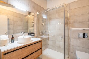 Shower, hair dryer, towels