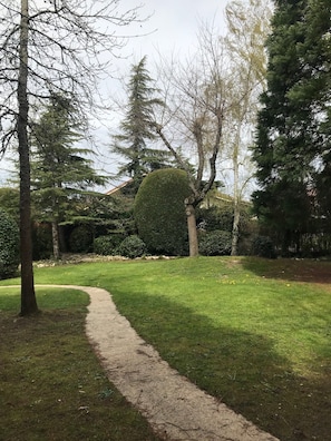 Ein Garten mit Kiesweg, Bäumen und einer ordentlich geschnittenen Hecke.