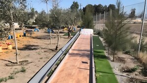 Una bolera de madera con dos bolas de bolos y un área de césped artificial verde.