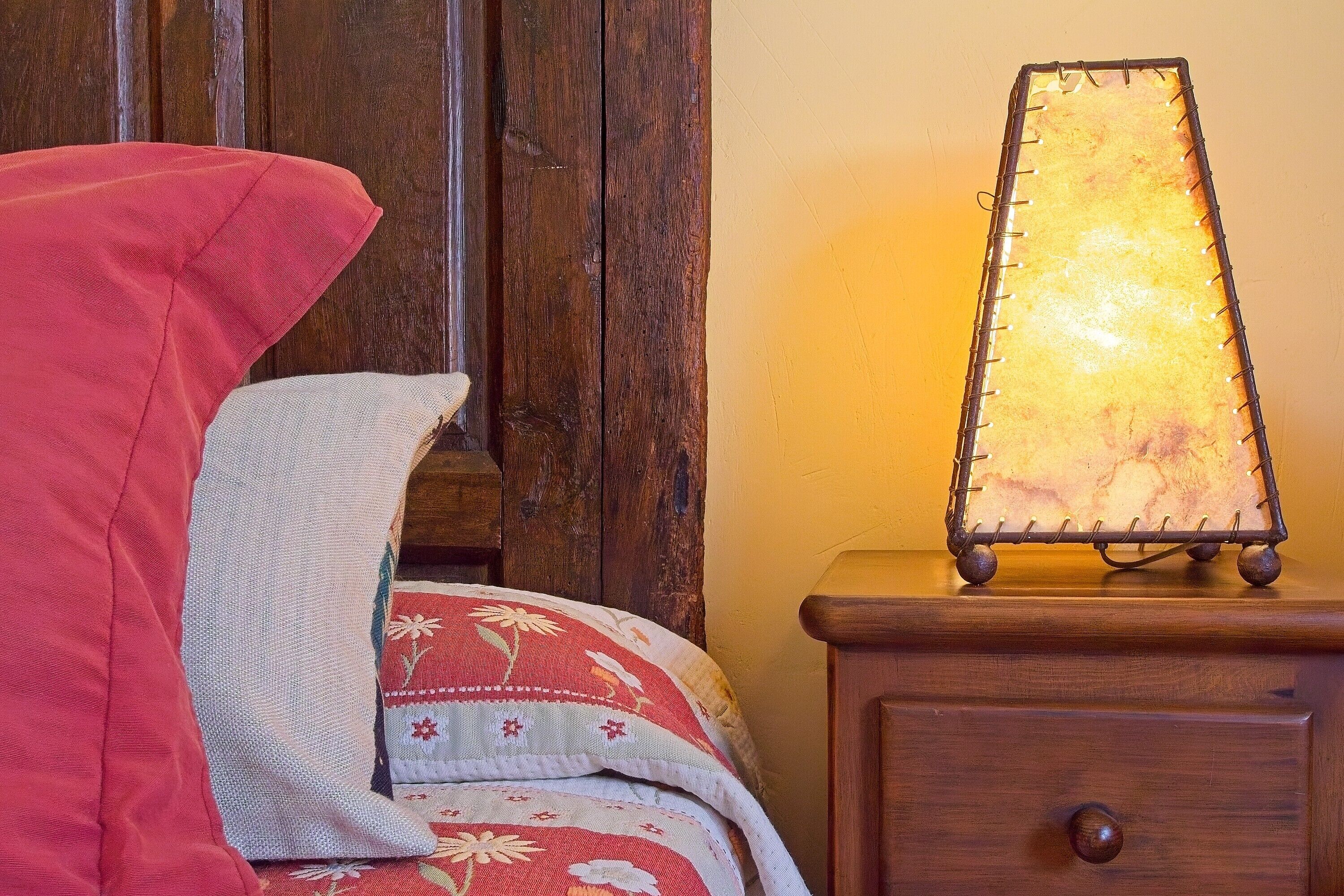 Una cama con un edredón rojo y una almohada, una mesita de noche con una lámpara y una pared de madera.