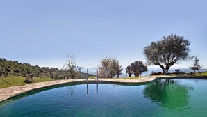 A swimming pool with clear water, surrounded by a stone deck and a view of the landscape.