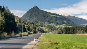 Carretera que condueix a una muntanya amb una zona boscosa i cases al fons.