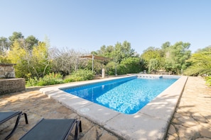 Ein rechteckiger Pool mit Steinrand, umgeben von einer Steinterrasse, beschattet durch eine Pergola.