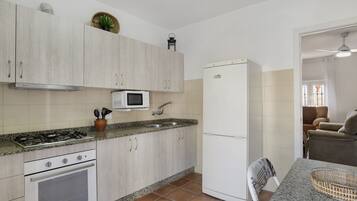 Una cocina equipada con estufa, horno, microondas, lavabo y refrigerador.