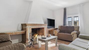 Een televisie en een open haard