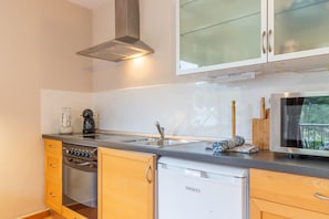 A modern kitchen with a stove, oven, dishwasher, and a microwave.