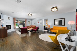 Family House, 6 Bedrooms, Non Smoking, Private Pool | Living area | 55-inch Smart TV with digital channels - 70s House Fun 6 Bedroom Pool Game Room (Round Rock)