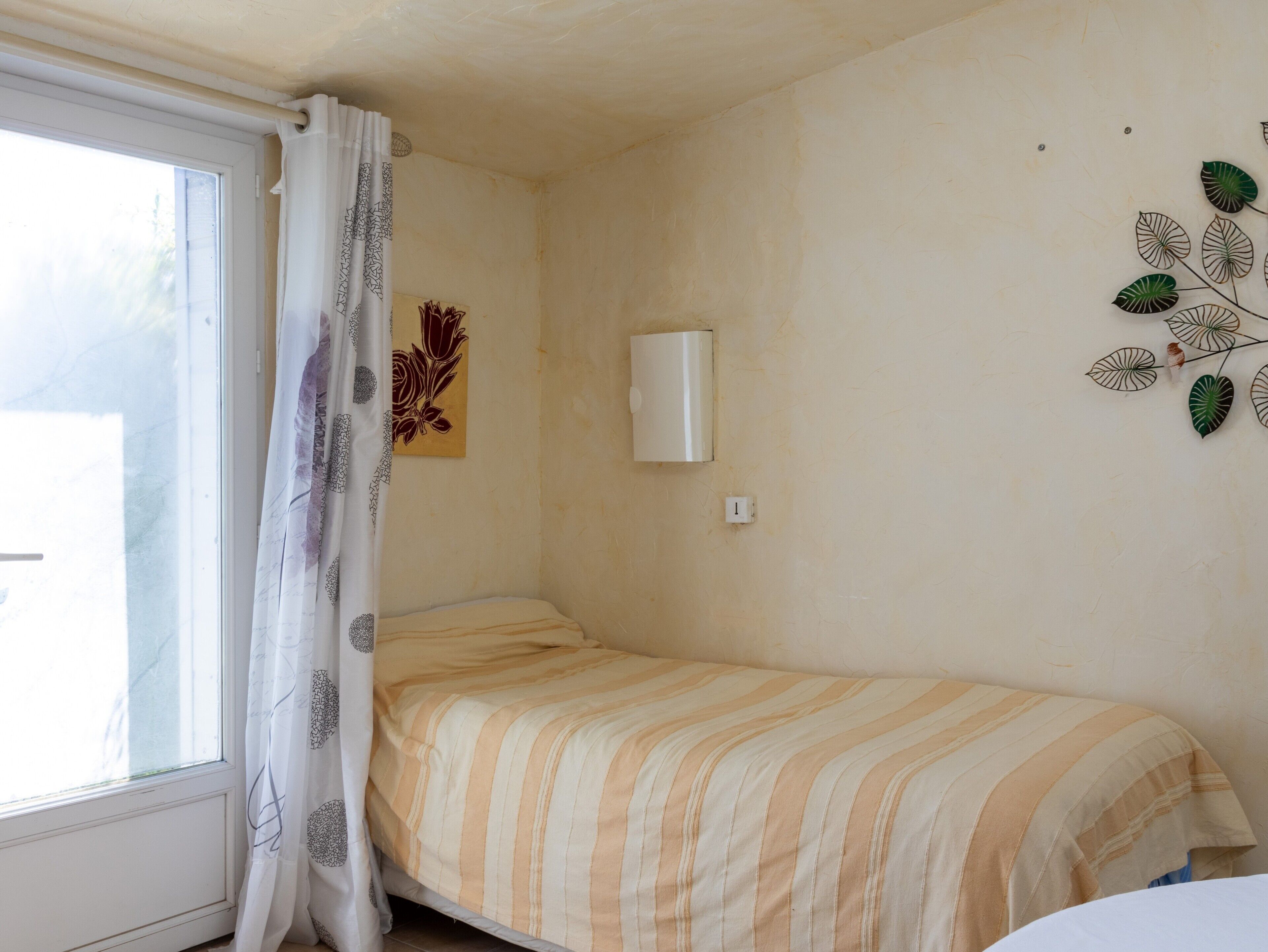 A small, single-bed room with a window, a wall-mounted light, and a decorative leaf pattern.