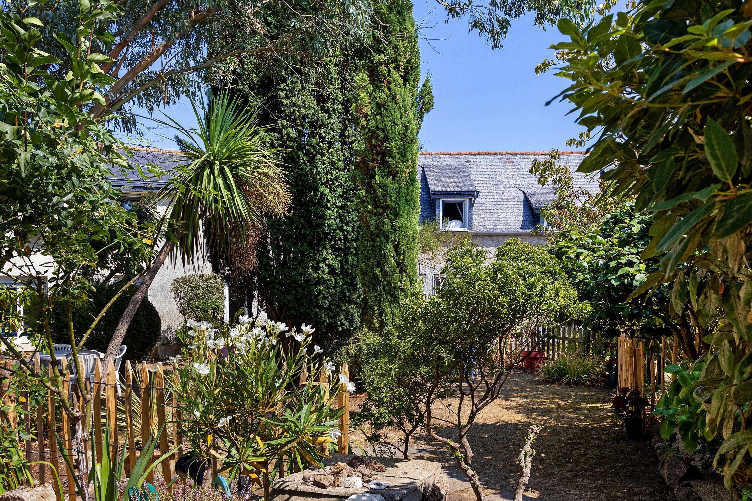 Un jardin avec différentes espèces de plantes, un sentier en pierre et, au fond, un bâtiment doté d’un toit en tuiles.