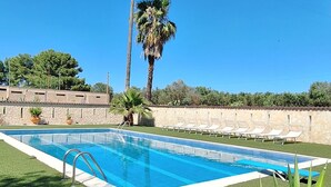 Une piscine, avec un ciel bleu dégagé, des palmiers et un mur de pierre en arrière-plan.