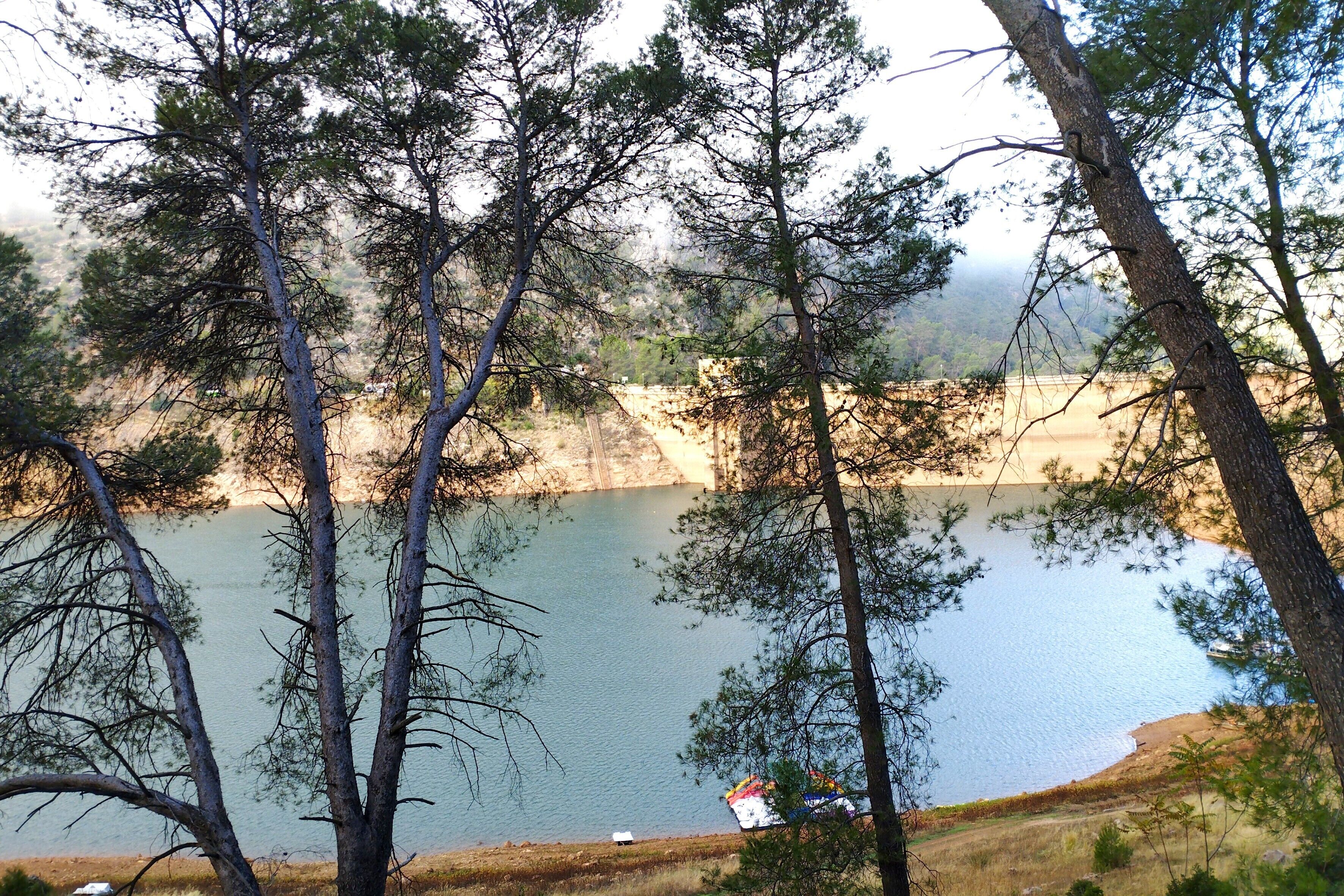 Un lac entouré d’arbres, un bateau et une rive lointaine.