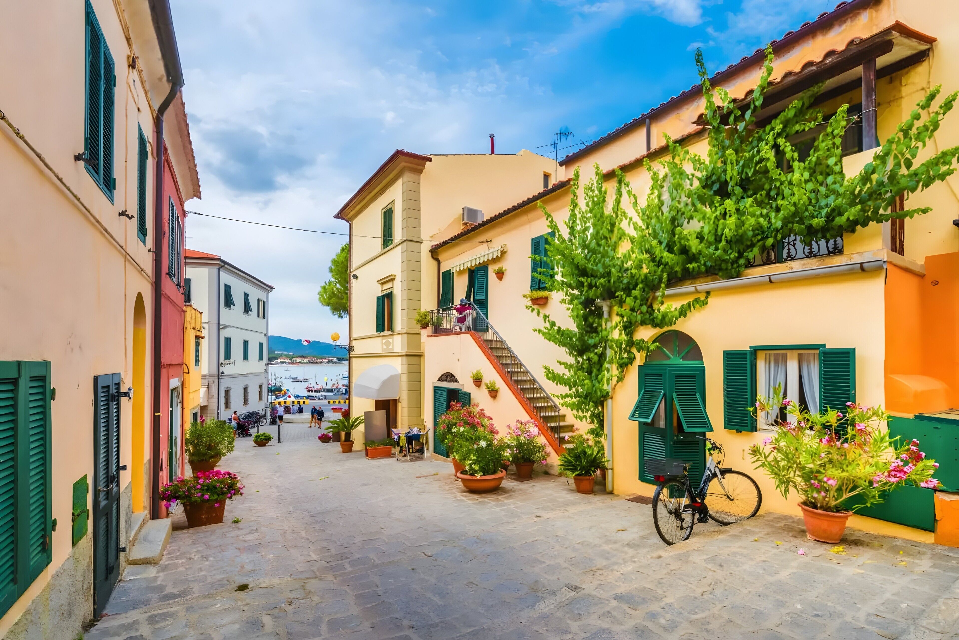 A narrow cobblestone street lined with colorful buildings, a bicycle, and potted plants.