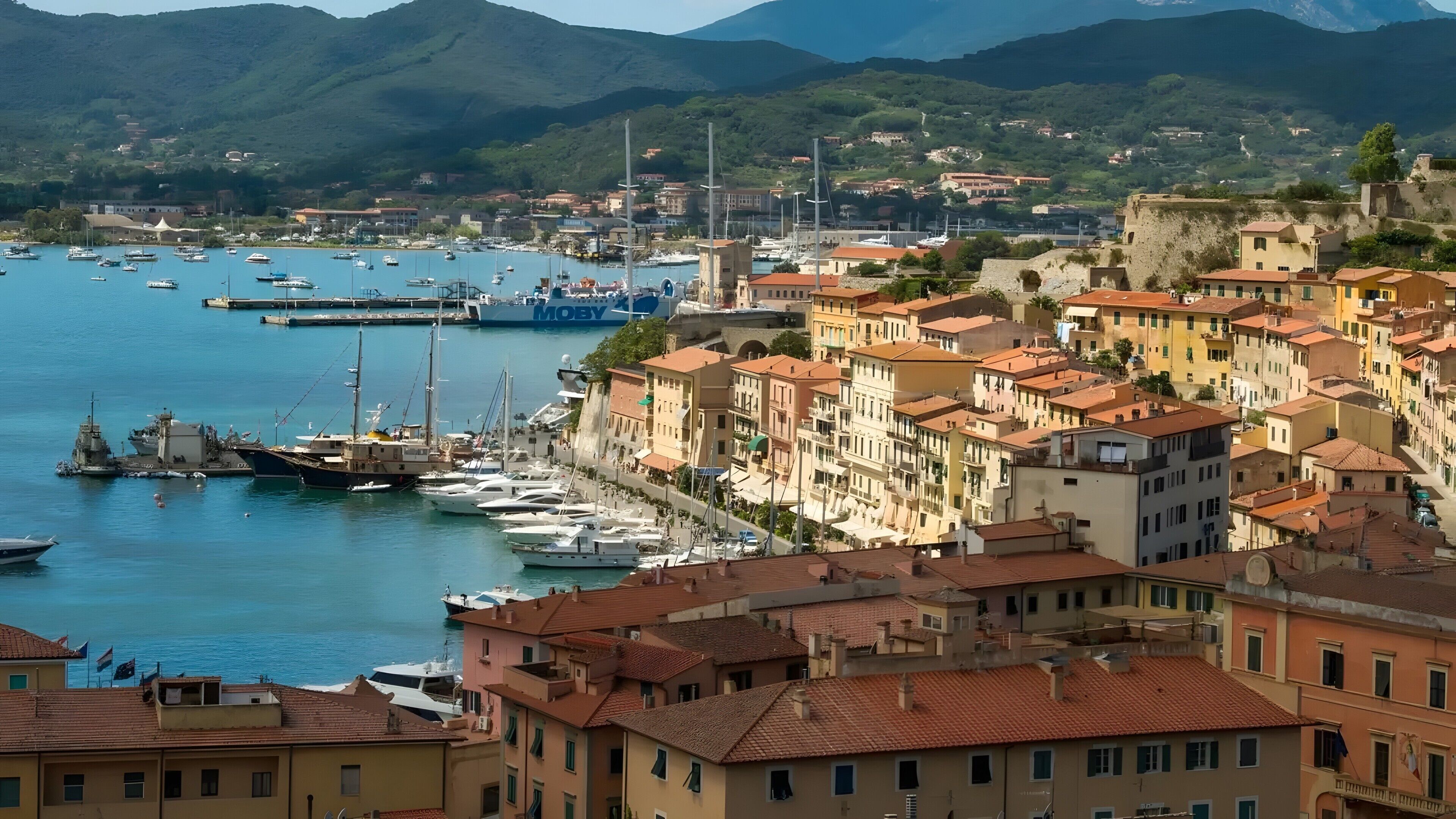 A coastal town with historic buildings, a marina, and boats.