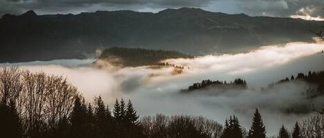 Un paysage montagneux, avec des zones boisées et une vallée enveloppée de brume.