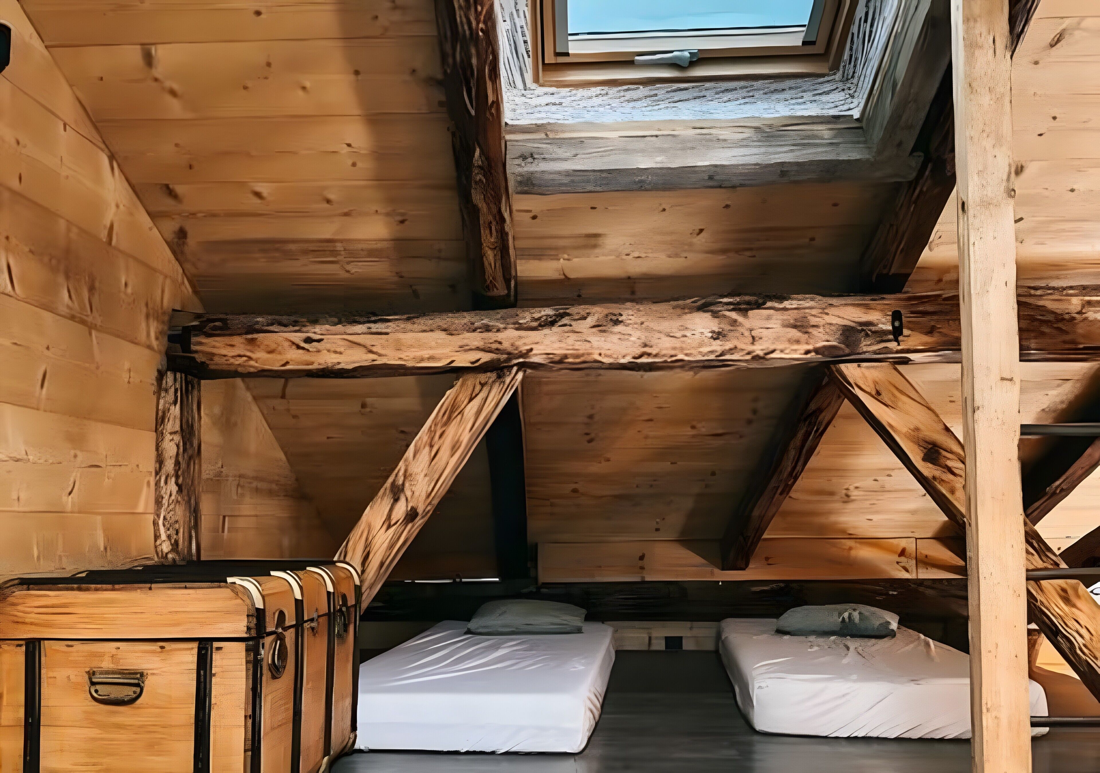 A wooden attic room with a sloped ceiling, a skylight, and two beds with white bedding.