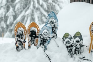 A collection of snowboards leaning against a snow-covered surface. - Chalet 'Mountain Haven Retreat' with Alpine Panorama (SAMOENS)