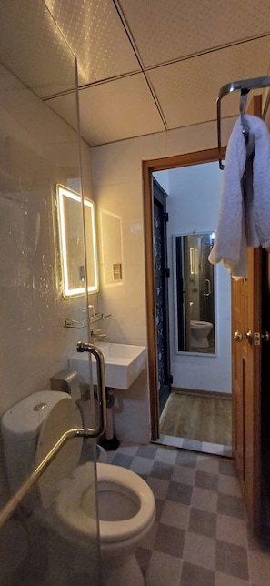 Une salle de bain moderne avec une douche à parois de verre, des toilettes blanches et un lavabo avec un miroir.
