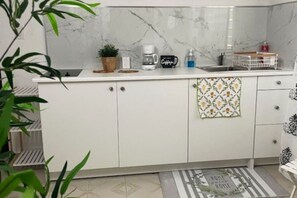 Fridge, microwave, stovetop, coffee/tea maker