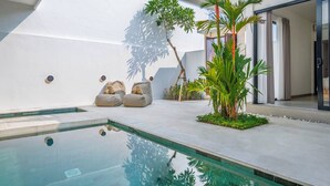 Uma área de piscina moderna ao ar livre, com piscina límpida, espreguiçadeiras e uma palmeira.