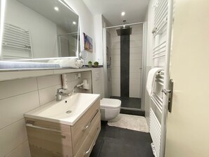 Shower, hair dryer, towels