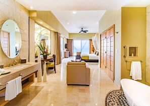 Jetted bath, hair dryer, bidet, towels