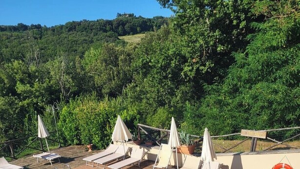 A pool area with lounge chairs and umbrellas, surrounded by greenery and a hill in the background. - 2Bed-Restored FarmHouse-San Gimignano-Pool (San Gimignano)