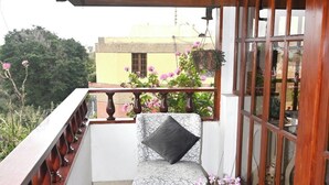 A balcony with a sofa, a glass coffee table, and a potted plant.