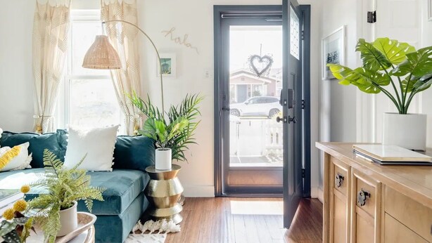 Un salon chaleureux avec un canapé de couleur turquoise, une grande plante en pot et un meuble en bois.