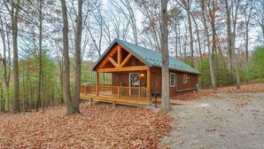 A cabin with a porch, surrounded by trees and covered in fallen leaves. - Romantic Getaway | Hot Tub, Fire Pit, Ping Pong (Richfield)
