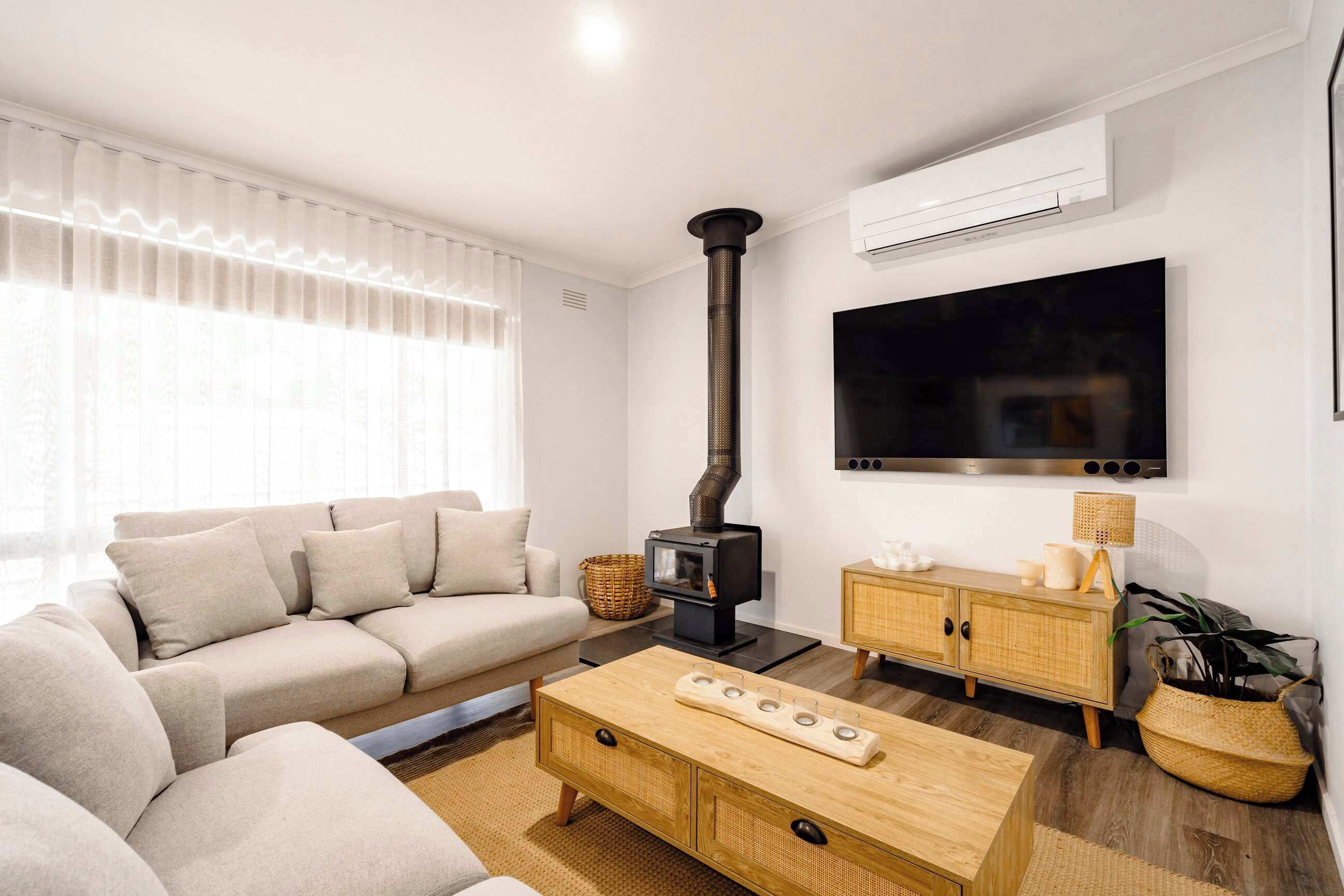 TV, fireplace, books, offices