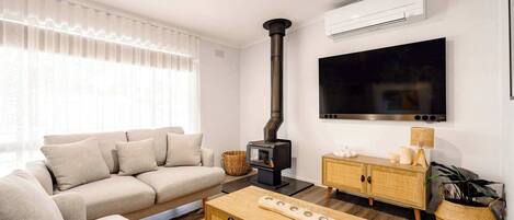 TV, fireplace, books, offices